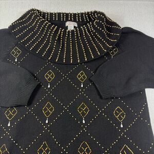 Lindsey Blake Vintage Beaded Large Holiday Cowl Neck Knit Sweater Black LS Flaw